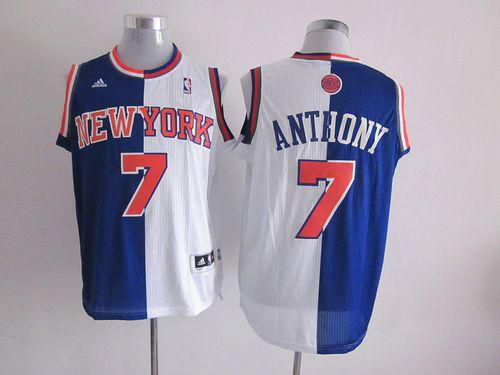 Men's New York Knicks #7 Carmelo Anthony Blue/White Split Fashion Stitched NBA Jersey