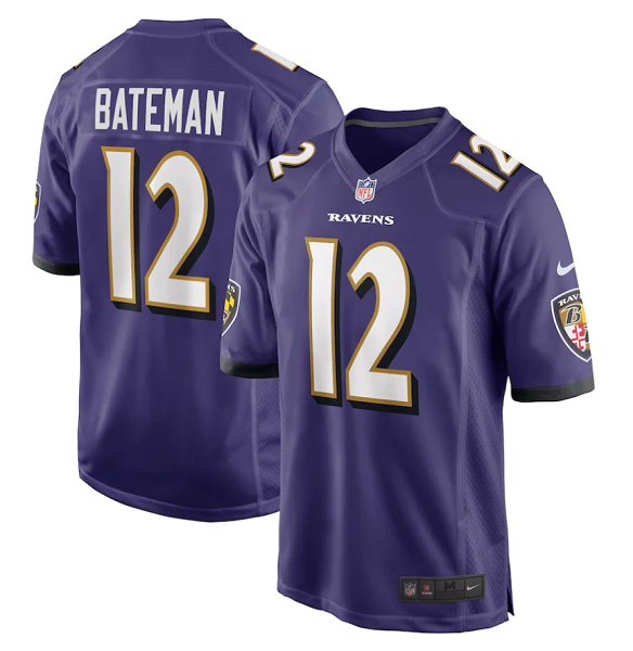 Men's Nike Baltimore Ravens #12 Rashod Bateman Purple 2021 NFL Draft First Round Pick Game Jersey