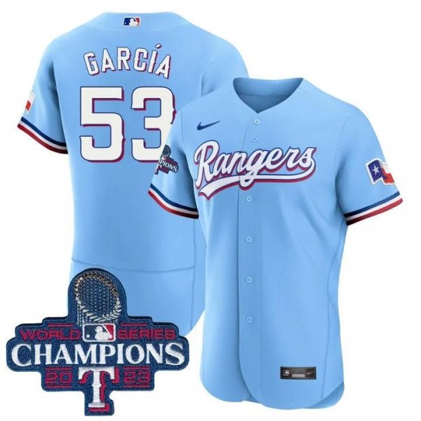 Men's Texas Rangers #53 Adolis Garcia 2023 World Series Champions Light Blue Jersey