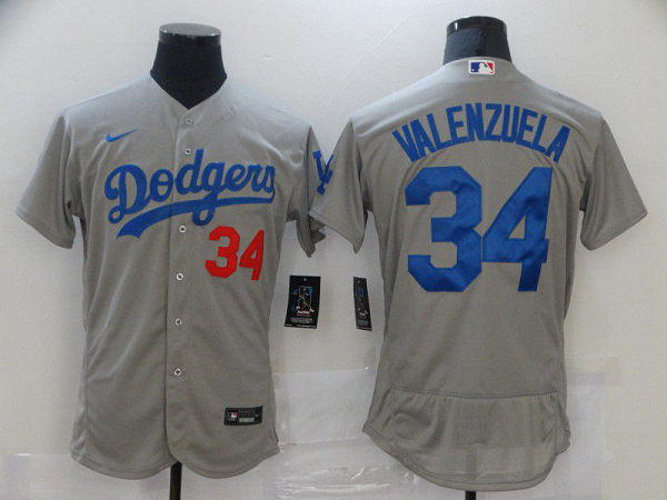 Men Los Angeles Dodgers 34 Valenzuela Grey Flexbase 2021 Nike MLB Jersey