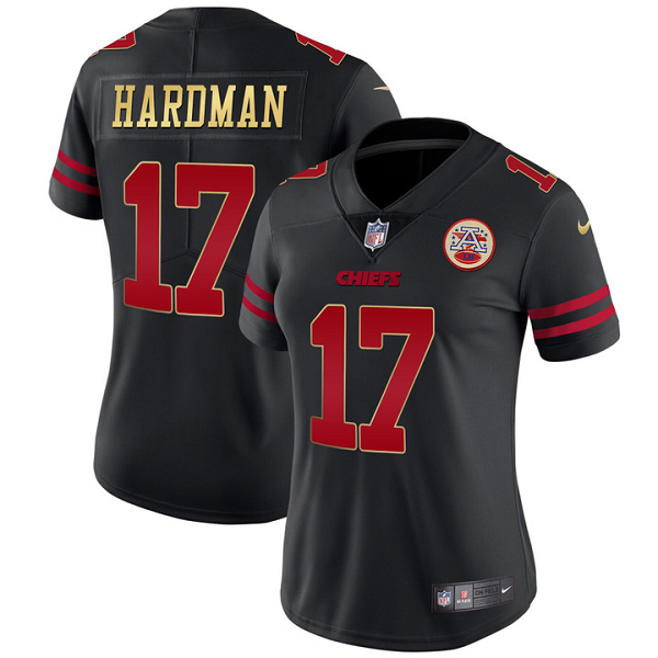 Women's Kansas City Chiefs #17 Mecole Hardman Black Gold Trim Vapor All Stitched Jersey