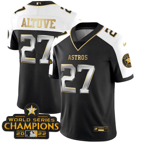 Youth Houston Astros #27 Jose Altuve 2023 Champions Patch Vapor Gold Jersey