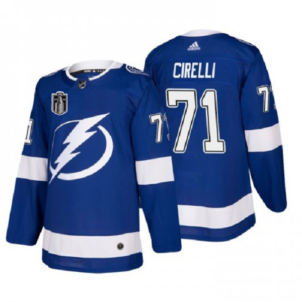 Men's Tampa Bay Lightning #71 Anthony Cirelli Anthony Cirelli 2022 Blue Stanley Cup Final Patch Stitched Jersey