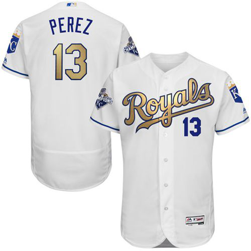 Kansas City Royals #13 Salvador Perez White 2015 World Series Champions Gold Program FlexBase Stitched MLB Jersey