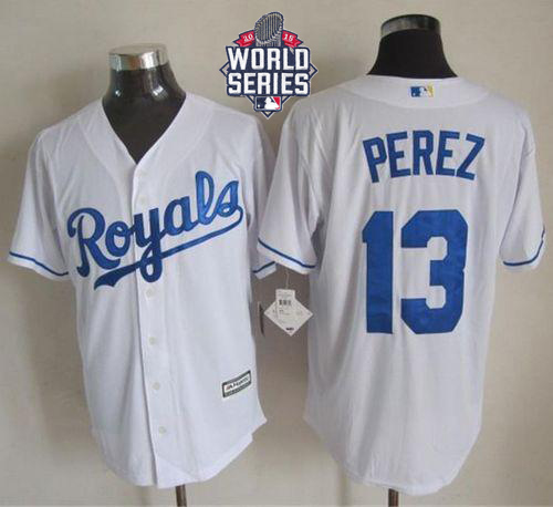 Kansas City Royals #13 Salvador Perez White New Cool Base W/2015 World Series Patch Stitched MLB Jersey