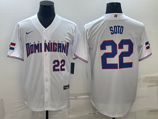 Men's Dominican Republic Baseball #22 Juan Soto White 2023 World Baseball Classic Replica Player Jersey