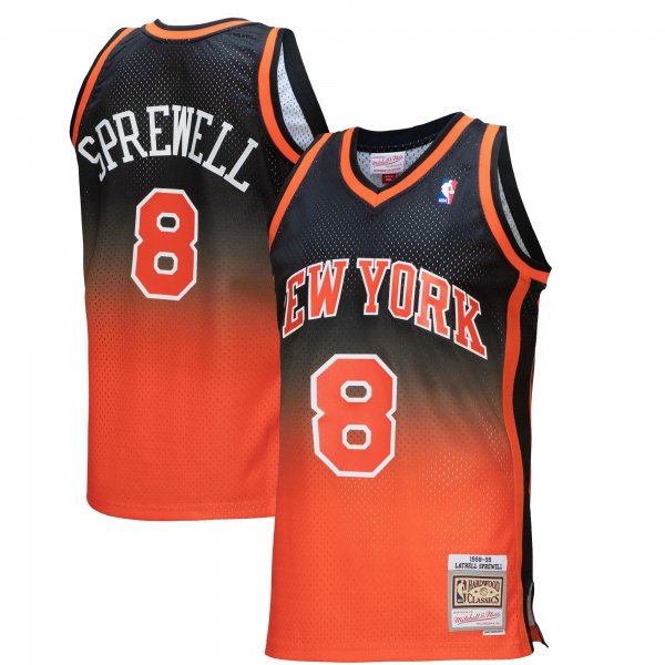 Men's New York Knicks Latrell Sprewell Mitchell & Ness Orange/Black 1998/99 Hardwood Classics Fadeaway Swingman Player Jersey