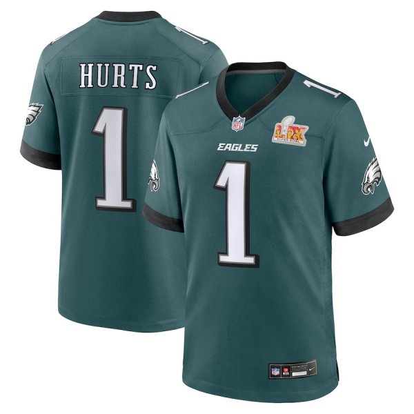 Men's Philadelphia Eagles #1 Jalen Hurts Nike Midnight Green Super Bowl LIX Game Stitched Jersey