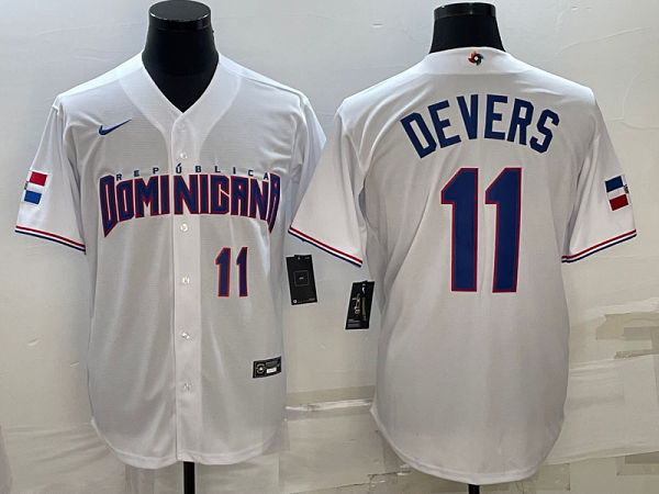 Men's Dominican Republic Baseball #11 Raphael Devers White 2023 World Baseball Classic Replica Player Jersey