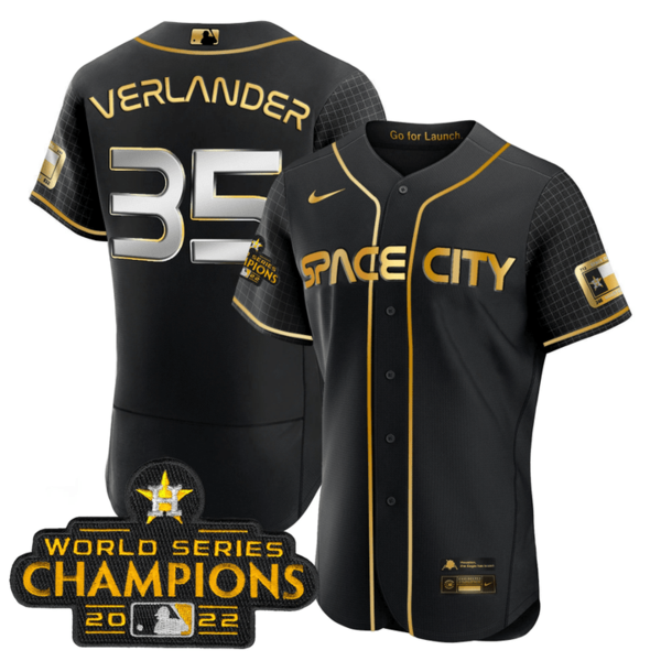 Men's Houston Astros #35 Justin Verlander 2023 Space City Champions Flex Base Black Golden Jersey