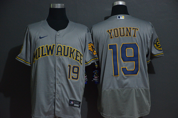 Men's Milwaukee Brewers #19 Robin Yount Grey Stitched MLB Flex Base Nike Jersey