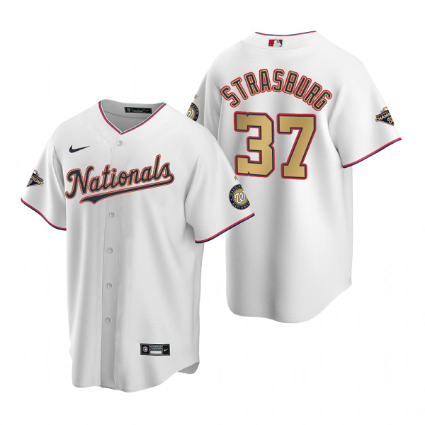 Men's Washington Nationals #37 Stephen Strasburg White Gold 2019 World Series Champions Stitched MLB Cool Base Nike Jersey