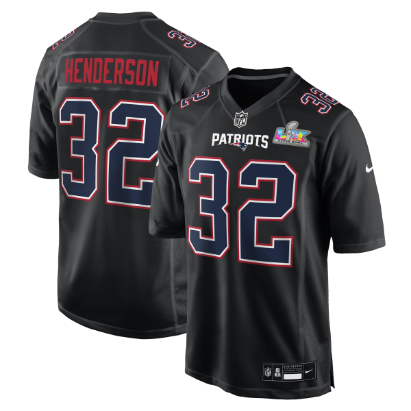 Men's New England Patriots TreVeyon Henderson Nike Black Super Bowl LX Patch Carbon Fashion Game Jersey
