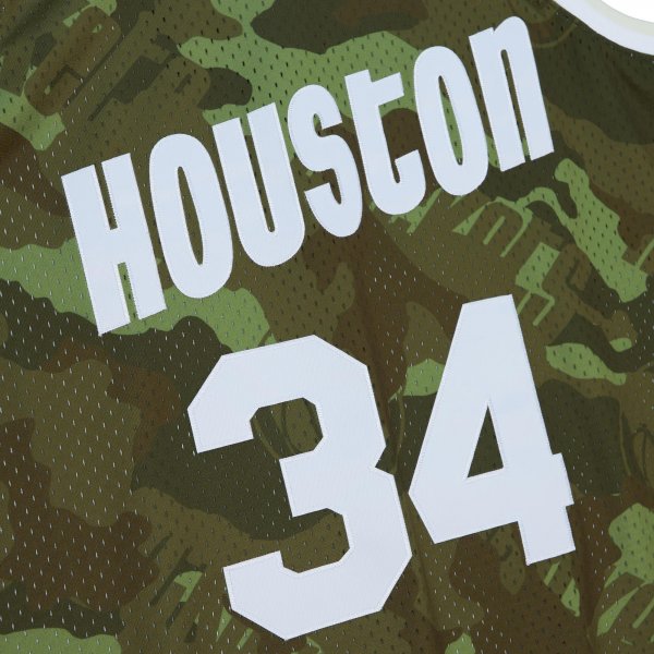 Men's Houston Rockets Hakeem Olajuwon Mitchell & Ness Camo Hardwood Classics 1993/94 Ghost Green Swingman Jersey