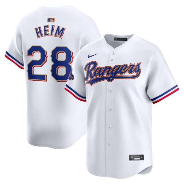 Men's Texas Rangers #28 Jonah Heim Nike White 2024 Gold Collection Limited Player Jersey