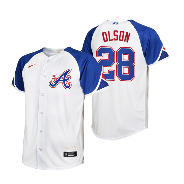 Youth Atlanta Braves #28 Matt Olson White 2023 City Connect Jersey