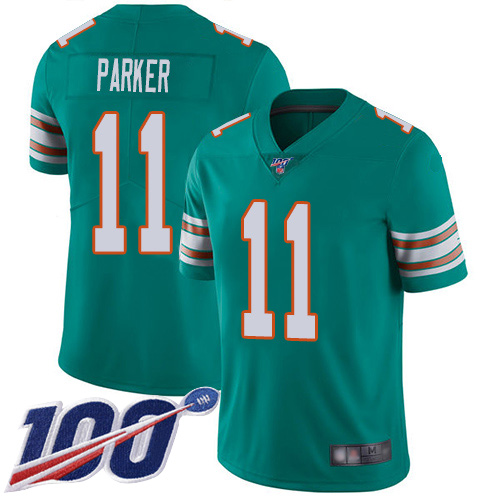 Men's Miami Dolphins #11 DeVante Parker Aqua Green Alternate Stitched NFL 100th Season Vapor Limited Jersey