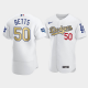 Men's Los Angeles Dodgers #50 Mookie Betts Gold Program Patch White MLB Jersey