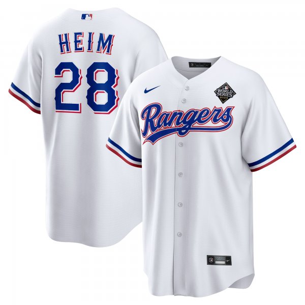 Men's Texas Rangers #28 Jonah Heim Nike White 2023 World Series Replica Player Jersey