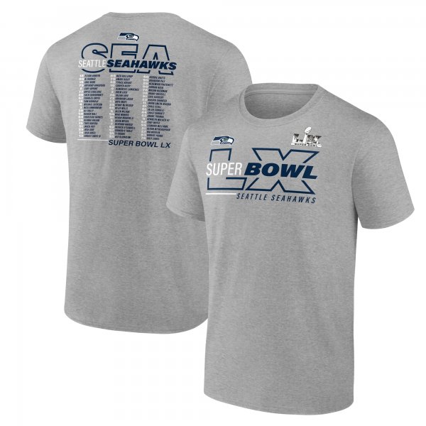 Men's Seattle Seahawks Fanatics Heather Gray Super Bowl LX Roster T-Shirt