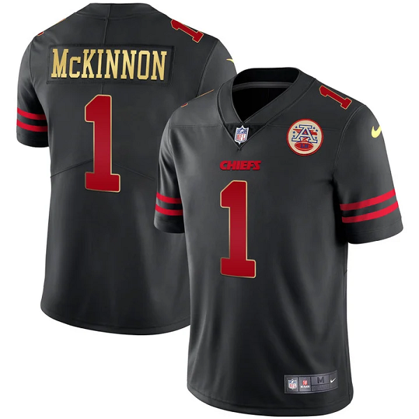 Men's Kansas City Chiefs #1 Jerick McKinnon Black Gold Trim Vapor All Stitched Jersey