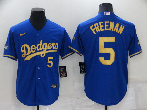 Men's Nike Los Angeles Dodgers #5 Freddie Freeman Blue With Gold Stitched MLB Cool Base Jersey