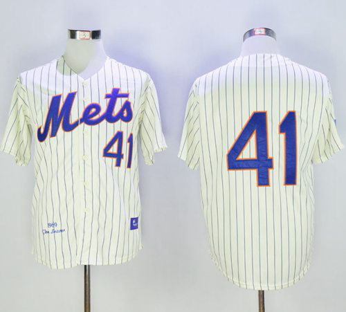 Mitchell And Ness 1969 New York Mets #41 Tom Seaver Cream(Blue Strip) Throwback Stitched MLB Jersey