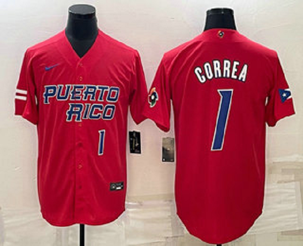 Men's Puerto Rico Baseball #1 Carlos Correa 2023 Red World Baseball Classic Stitched Jersey