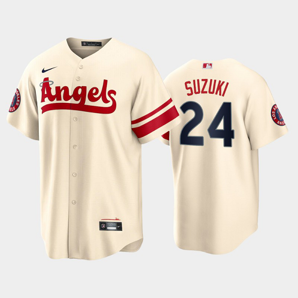 Men's Los Angeles Angels #24 Kurt Suzuki 2022 City Connect Cream Cool Base MLB Jersey