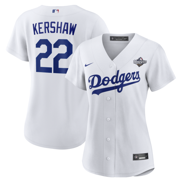 Women's Los Angeles Dodgers #22 Clayton Kershaw Nike White 2025 World Series Home Player Jersey