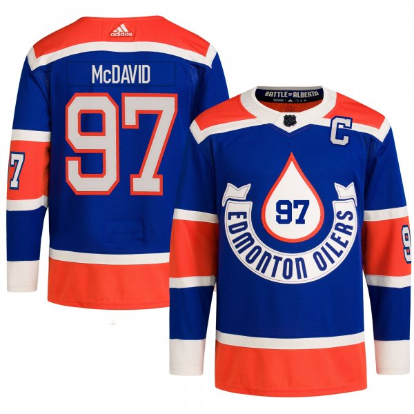 Men's Edmonton Oilers #97 Connor McDavid adidas Royal 2023 NHL Heritage Classic Primegreen Player Jersey