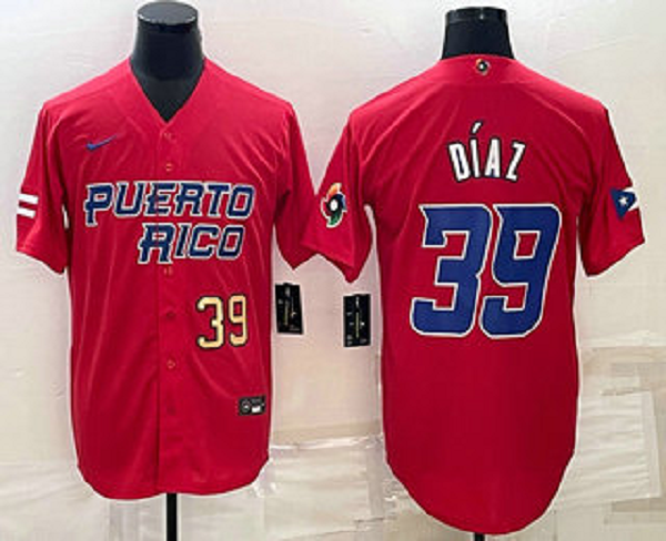 Men's Puerto Rico Baseball #39 Edwin Diaz 2023 Red World Baseball Classic Stitched Jersey