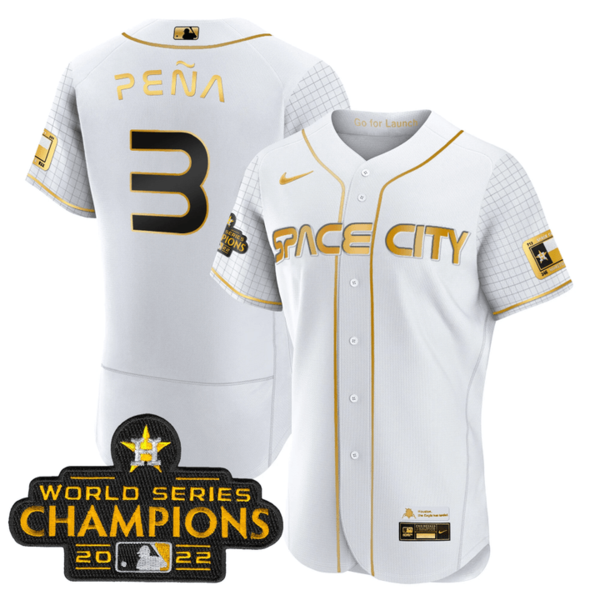 Men's Houston Astros #3 Jeremy Pena 2023 Space City Champions Flex Base White Gold Jersey