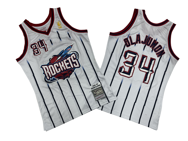 Men's Houston Rockets #34 Hakeem Olajuwon 1996-97 White Mitchell and Ness Stitched NBA Jersey