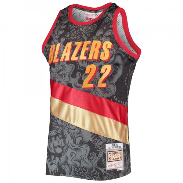 Men's Portland Trail Blazers Clyde Drexler Mitchell & Ness Black Hardwood Classics 1991/92 Lunar New Year Swingman Jersey