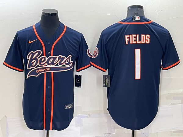 Men's Chicago Bears #1 Justin Fields Dark Blue Stitched Baseball Cool Base Jersey