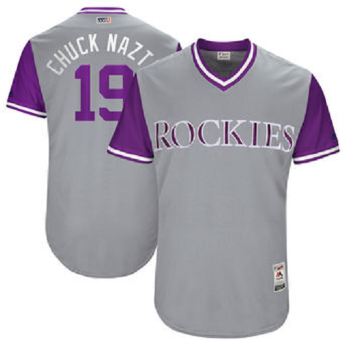 Men's Colorado Rockies #19 Charlie Blackmon Chuck Nazty Majestic Gray 2017 Players Weekend Jersey