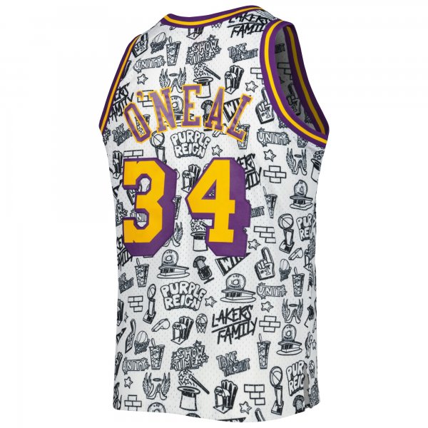 Men's Los Angeles Lakers Shaquille O'Neal Mitchell & Ness White 1996/97 Hardwood Classics Doodle Swingman Jersey