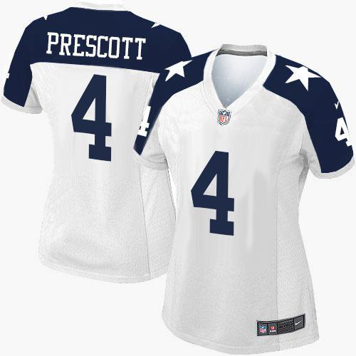 Nike Dallas Cowboys #4 Dak Prescott White Thanksgiving Throwback Women's Stitched NFL Elite Jersey