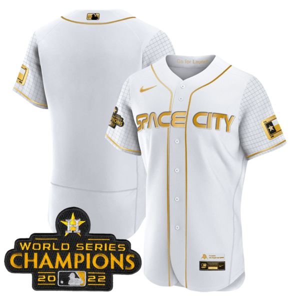 Men's Houston Astros 2023 Space City Champions Flex Base Blank White Gold Jersey