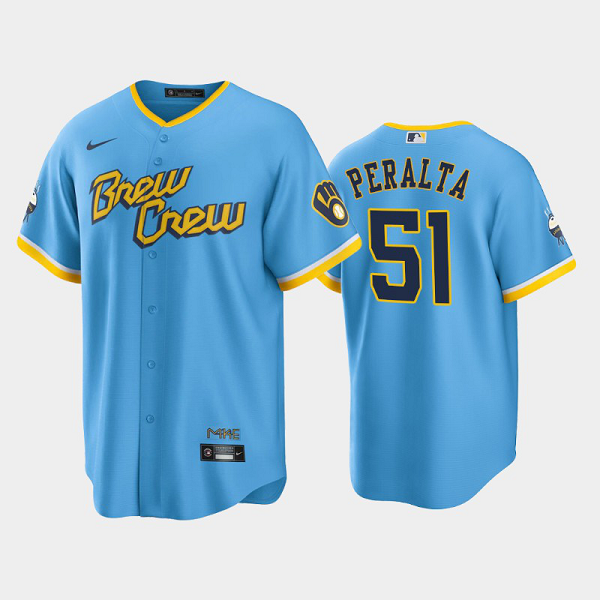 Men's Milwaukee Brewers 2022 City Connect #51 Freddy Peralta Powder Blue Cool Base MLB Jersey