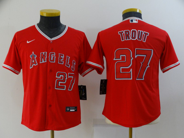 Youth Los Angeles Angels of Anaheim #27 Mike Trout Red New Cool Base Stitched MLB Jersey