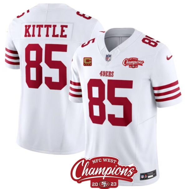 Men's San Francisco 49ers #85 George Kittle White 2023 F.U.S.E. With 4-star C Ptach And NFC West Champions Patch Stitched NFL Jersey