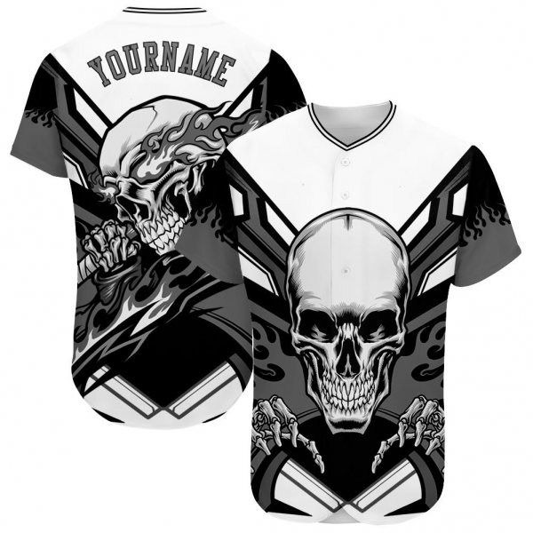 Men's Custom White Gray-Black 3D "Skull" Authentic Baseball Jersey