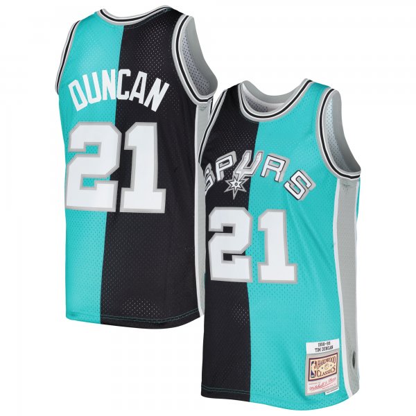 Men's San Antonio Spurs Tim Duncan Mitchell & Ness Black/Teal Hardwood Classics 1998/99 Split Swingman Jersey