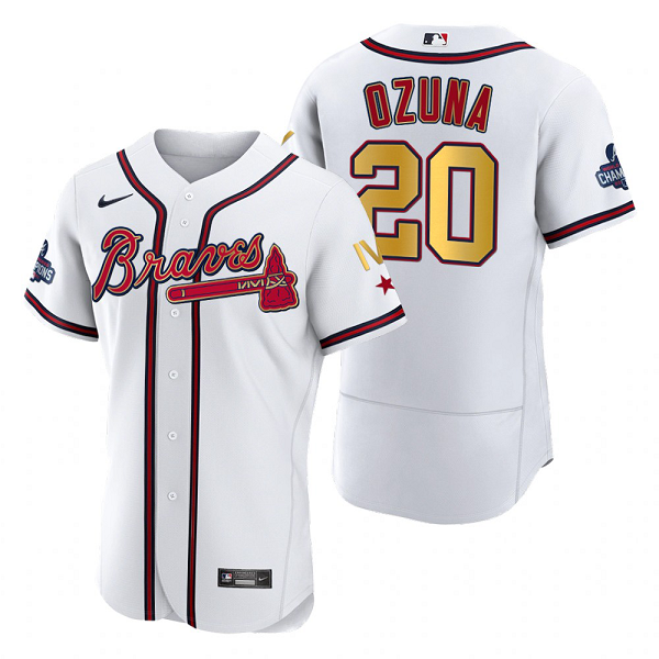 Men's Atlanta Braves #20 Marcell Ozuna White 2022 Gold Program 4-Time World Series Champions MLB Jersey