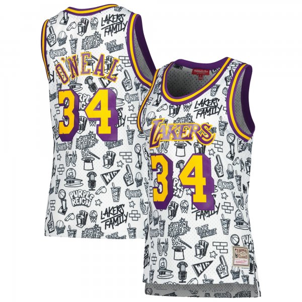 Women's Los Angeles Lakers Shaquille O'Neal Mitchell & Ness White 1996 Doodle Swingman Jersey