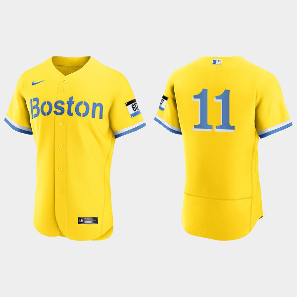 Men's Boston Red Sox #11 Rafael Devers Gold Light Blue 2021 MLB City Connect Jersey