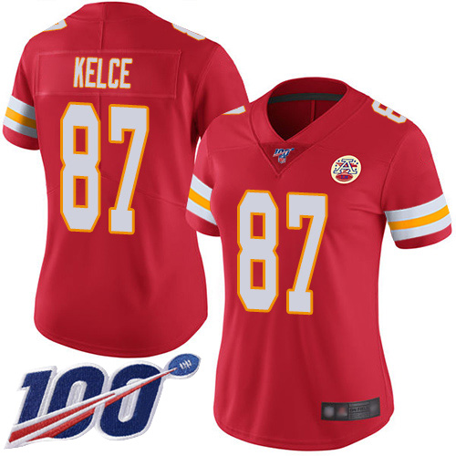 Women's Kansas City Chiefs #87 Travis Kelce Red Team ColorStitched NFL 100th Season Vapor Limited Jersey