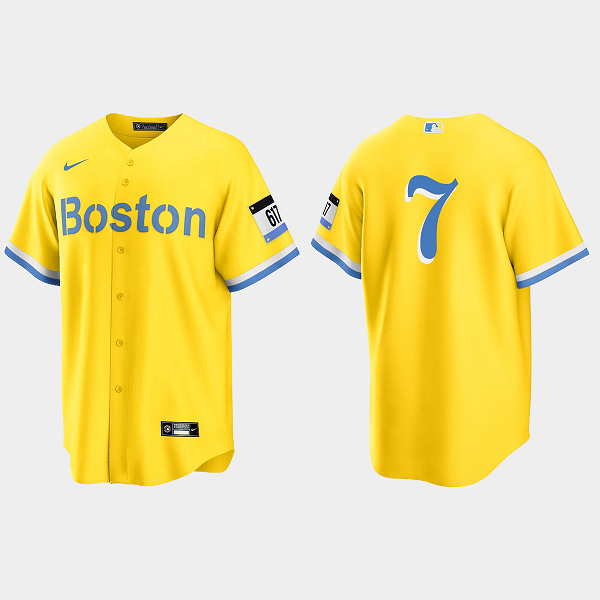 Men's Boston Red Sox #7 Dom DiMaggio Gold Light Blue 2021 MLB City Connect Cool Base Jersey